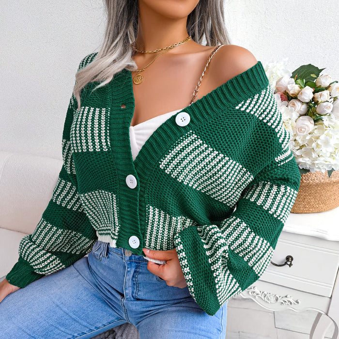 Color-Winter Striped Lantern Sleeve Cardigan Sweater Coat Women Clothing-Fancey Boutique