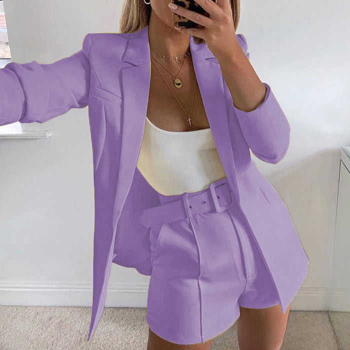 Color-Purple Suit-Top Shorts Suit with belt Sexy Women Casual Polo Collar Cardigan-Fancey Boutique