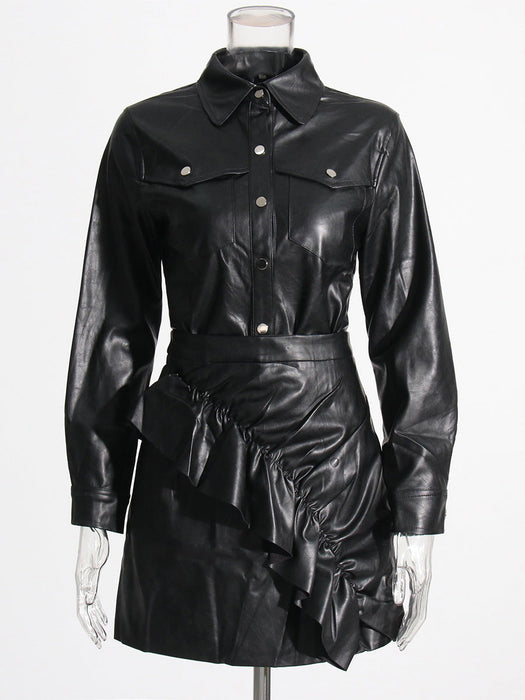 Color-Black-Coat Faux Leather Suit Early Spring Stand Collar Long Sleeve Shirt High Waist Pleated Skirt Two-Piece Set-Fancey Boutique