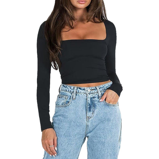 Color-Black-Square Collar Cropped Casual Simple T shirt Sexy Slim Long Sleeve Bottoming Top for Women-Fancey Boutique