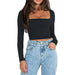 Color-Black-Square Collar Cropped Casual Simple T shirt Sexy Slim Long Sleeve Bottoming Top for Women-Fancey Boutique