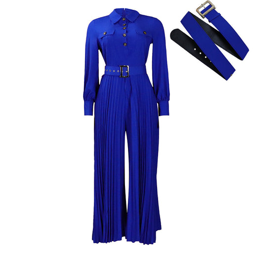 Color-Blue-Belt Women Clothing Spring Summer Long Sleeve Casual Loose Pleated Wide Leg Jumpsuit-Fancey Boutique