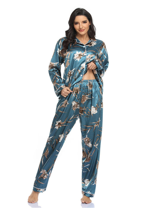 Color-Blue Leaves-Home Wear Suit Pajamas Women Satin Cardigan Long Sleeve Long Sleeve Autumn-Fancey Boutique