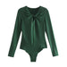 Color-Green-Winter Women Clothing round Neck Long Sleeve Hollow Out Cutout out Bow Tie Bodysuit-Fancey Boutique
