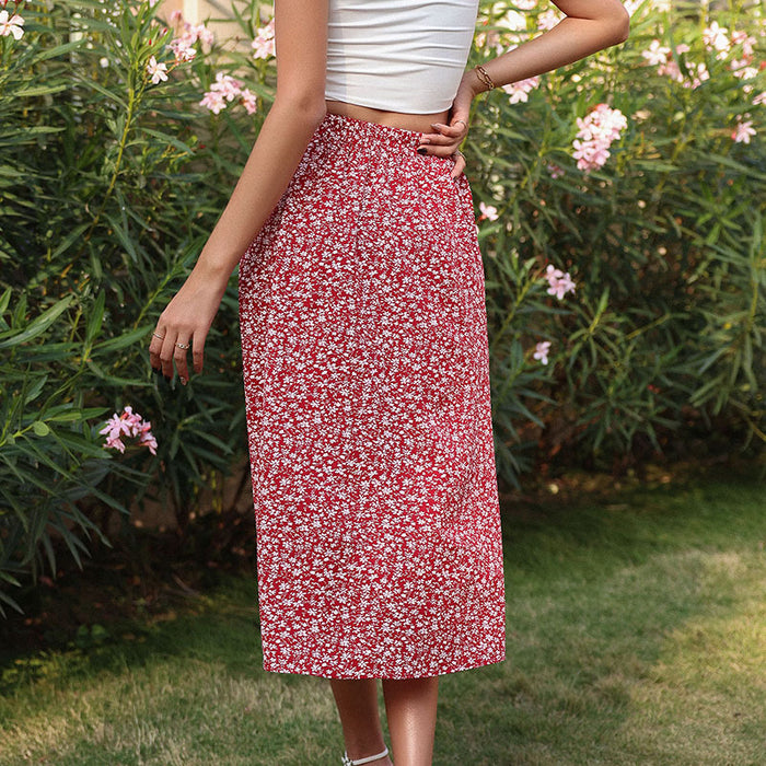 Color-Summer Floral Skirt Red Printed Irregular Asymmetric Skirt-Fancey Boutique