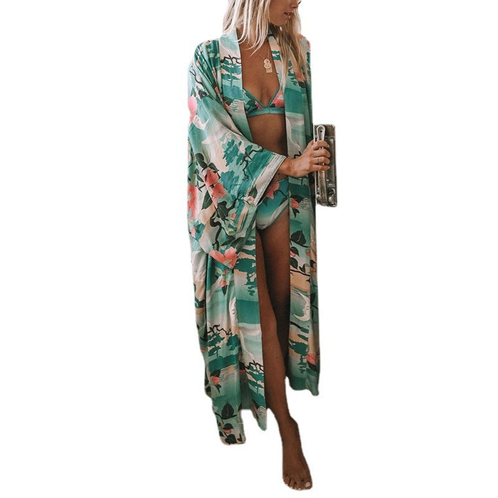 Color-Green Cardigan-Loose Beach Beach Cover Up Sun Protection Shirt Mid-Length Cardigan Swimsuit Dress Women-Fancey Boutique