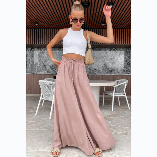 Color-Pink-Summer Elastic Waist Casual Wide Leg Pants for Women-Fancey Boutique
