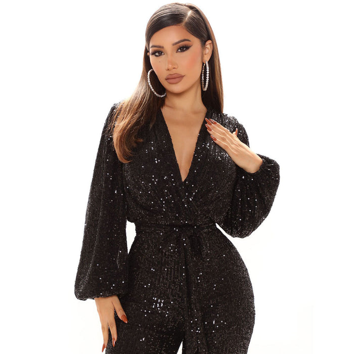 Color-Black-Women Clothing Sexy V-neck Sequined One-Piece Wide Leg One-Piece Trousers-Fancey Boutique