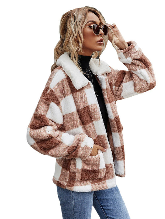 Color-Autumn Winter Zipper Collared Plush Plaid Coat Loose Office Women Outerwear-Fancey Boutique