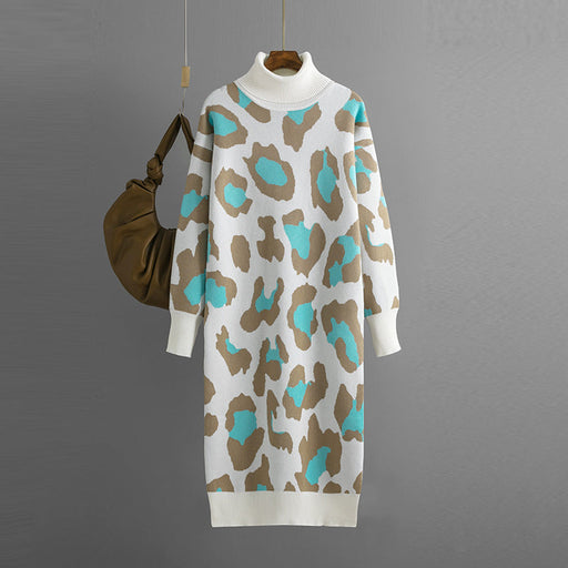Color-Turquoise-Autumn Winter Turtleneck Base Knitted Dress Leopard Print Maxi Dress for Women-Fancey Boutique