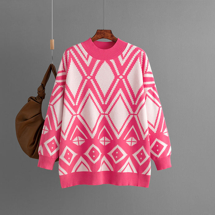 Color-Pink-Women Clothing Autumn Winter Geometric Abstract Jacquard Round Neck Sweater Loose Mid-Length Knitted Top for Women-Fancey Boutique