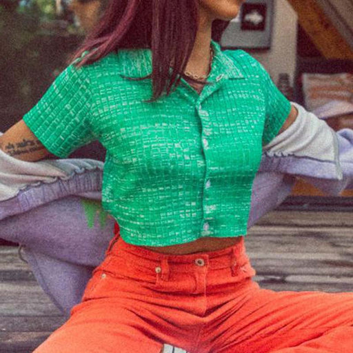 Color-Women Polo Shirt Green Collared Knitwear Sweater Small Cardigan Cropped Short Sleeve Short Sleeve-Fancey Boutique