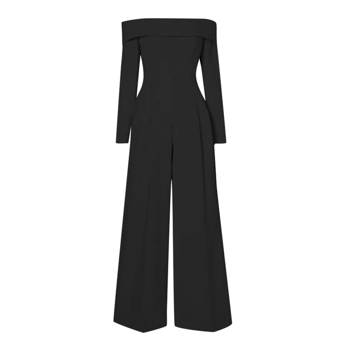 Color-Black-Summer Goddess off Neck Jumpsuit Elegant Socialite High Waist Slimming Drape Wide Leg Trousers-Fancey Boutique