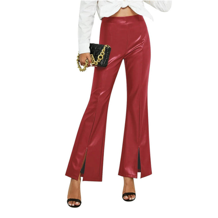 Color-Red-Summer High Waist Slim Fit Slit Bell-Bottom Pants Casual Leather Pants-Fancey Boutique