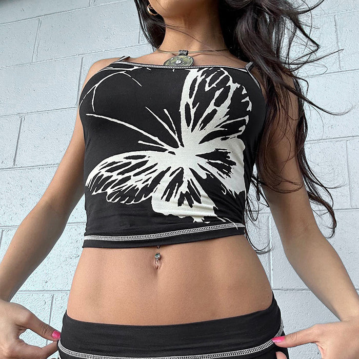Color-Sexy Sexy Butterfly Pattern Offset Printing Sleeveless Short Strap Top Women Base-Fancey Boutique