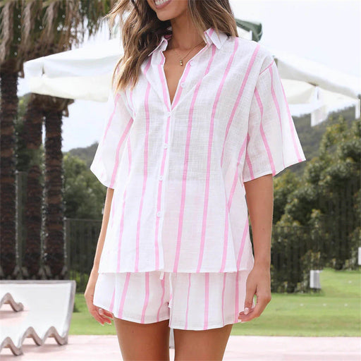Color-Spring Summer Striped Printed Short Sleeve Shirt Shorts Suit Beach Casual Two Piece Suit Women Clothing-Fancey Boutique