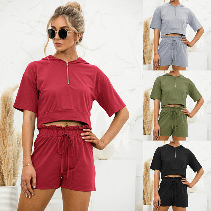 Color-Summer New Women Clothing Solid Color Hooded Zipper Shorts Casual Suit-Fancey Boutique