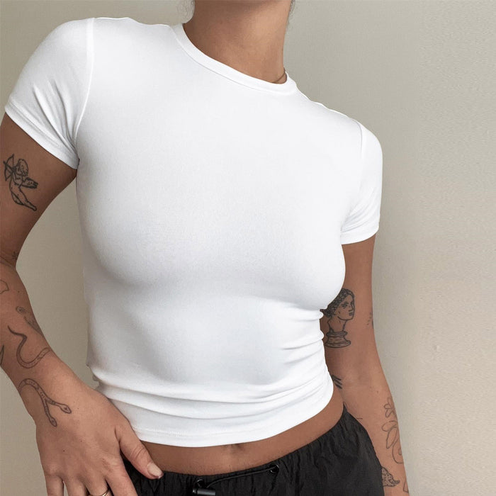 Color-Spring Summer Basic round Neck Short Sleeve T shirt Women Tight Sexy Simple Solid Color Top Women-Fancey Boutique