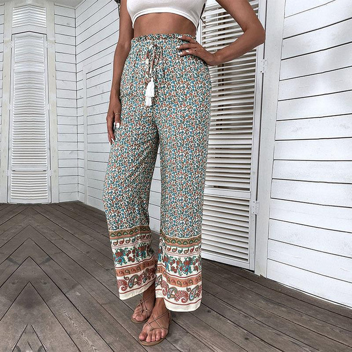 Color-Retro Women Clothing Green Printing Loose Wide Leg Pants-Fancey Boutique