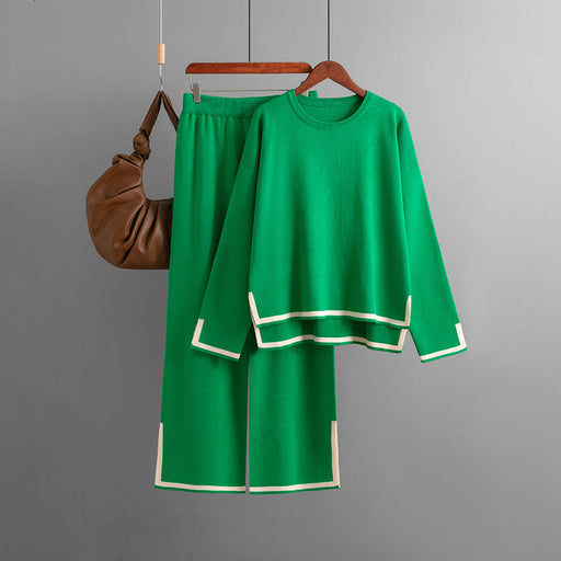 Color-Green-Autumn Winter Elegant Contrast Color Split Long Sleeve Knitting Suit High Waist Slim Fit Wide Leg Pants Two Piece Set-Fancey Boutique