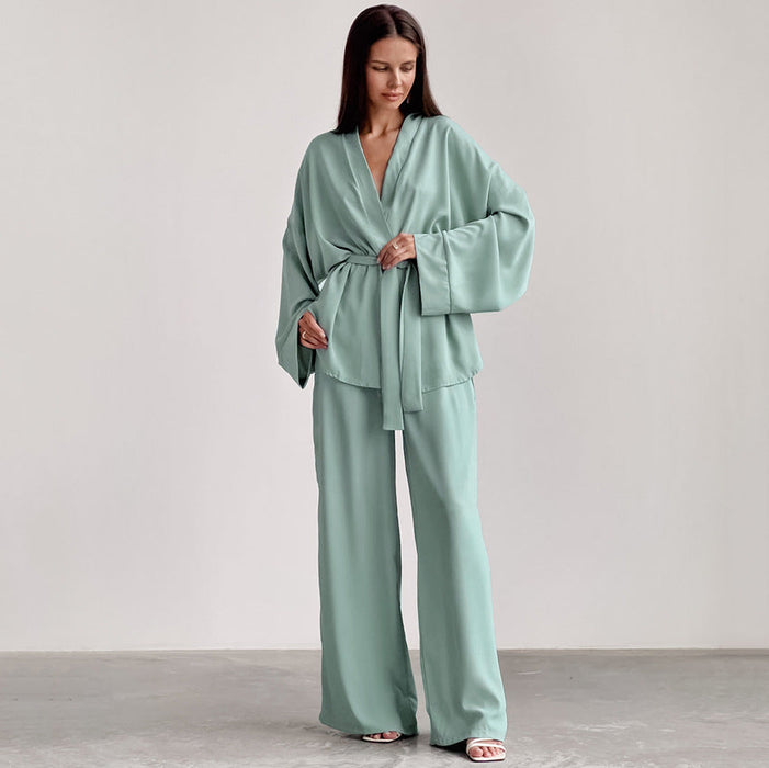 Color-Green-Fall French Loose Nightgown Trousers Chiffon Women Pajama Suit Solid Color Cotton Women Moisture Wicking Clothing-Fancey Boutique