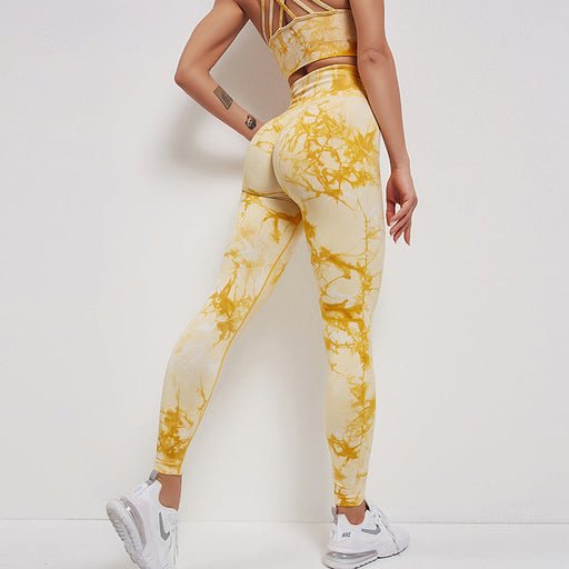 Color-Yellow-Seamless Tie Dye Peach High Waist Hip Lift Fitness Pants Running Sports Tights Hip Yoga Trousers-Fancey Boutique