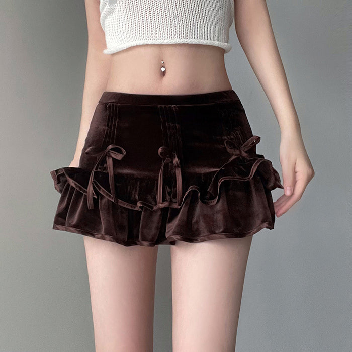 Color-Retro Brown Bow Bandage High Waist Velvet Skirt Cute Cute Curling Cake Miniskirt-Fancey Boutique