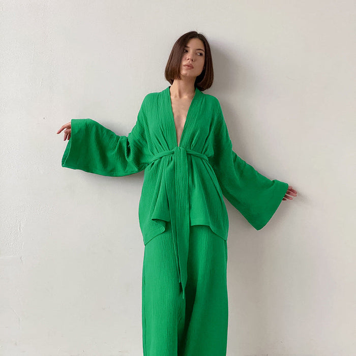 Color-New Green-Fall French Loose Nightgown Trousers Double Layer Gauze Women Pajamas Solid Color Cotton Absorbent Moisture Wicking Clothing-Fancey Boutique