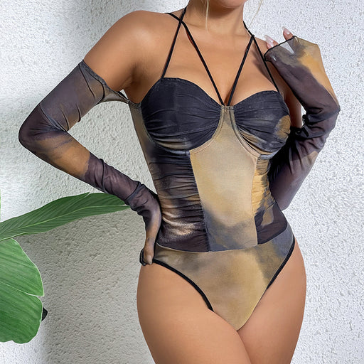 Color-Pleated Gradient Mesh Printed Steel Ring Long Sleeve off Shoulder Cros Halterneck Waist Tight Jumpsuit-Fancey Boutique