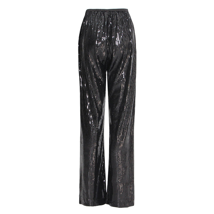 Color-Personal Casual Street Sequined Trousers Autumn High Waist Lace Up Sequined Zipper Straight Leg Pants Women-Fancey Boutique