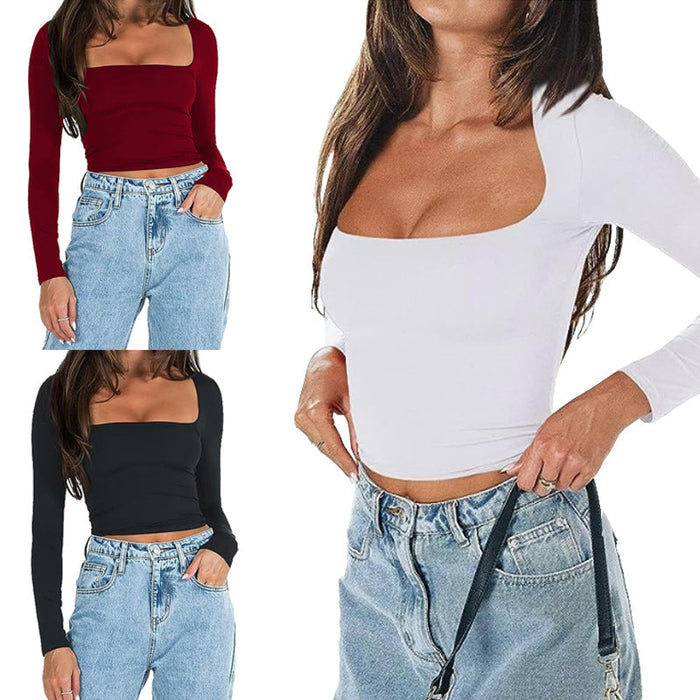 Color-Square Collar Cropped Casual Simple T shirt Sexy Slim Long Sleeve Bottoming Top for Women-Fancey Boutique