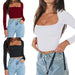 Color-Square Collar Cropped Casual Simple T shirt Sexy Slim Long Sleeve Bottoming Top for Women-Fancey Boutique