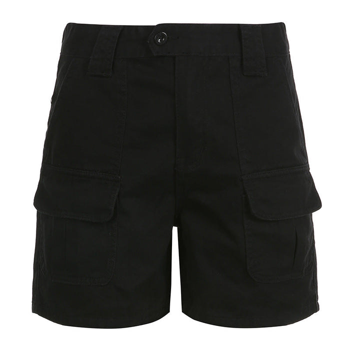 Color-Black-Spring Summer Arrival Casual Simple High Waist Slimming Solid Color Multi Pocket Workwear Denim Shorts for Women-Fancey Boutique