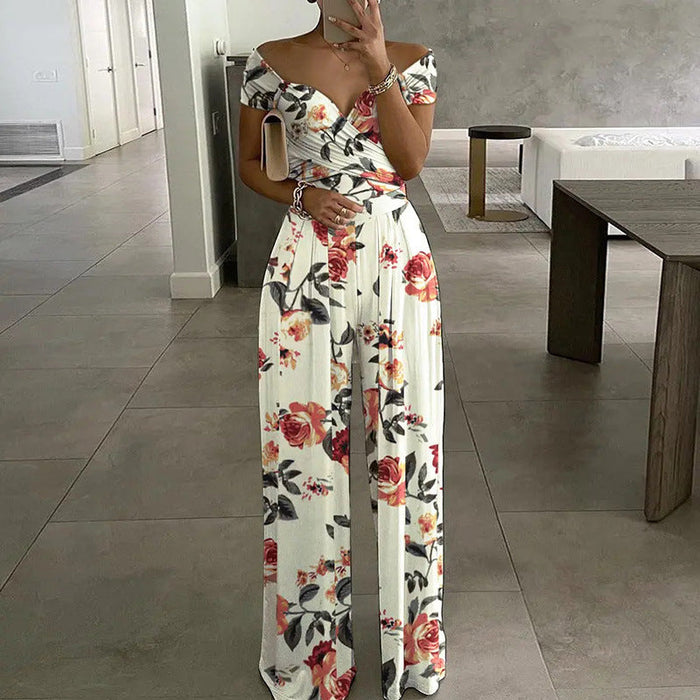 Color-Flowers on White Background-Spring Autumn Women Clothing off Shoulder Printing Office Printed Waist Controlled Jumpsuit-Fancey Boutique