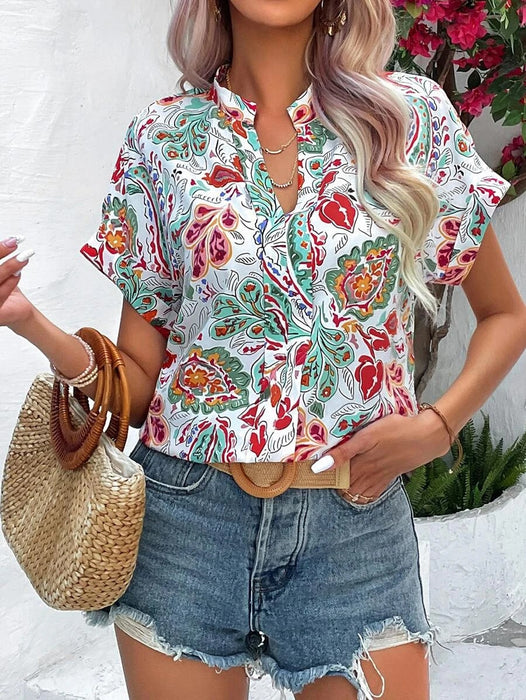 Color-Green Flower-Women Clothing Summer Painted Color Printing V neck Short Sleeve Women Top-Fancey Boutique