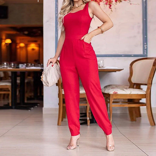 Color-Red-Women Clothing Jumpsuit One Shoulder Sleeveless Solid Color Jumpsuit-Fancey Boutique