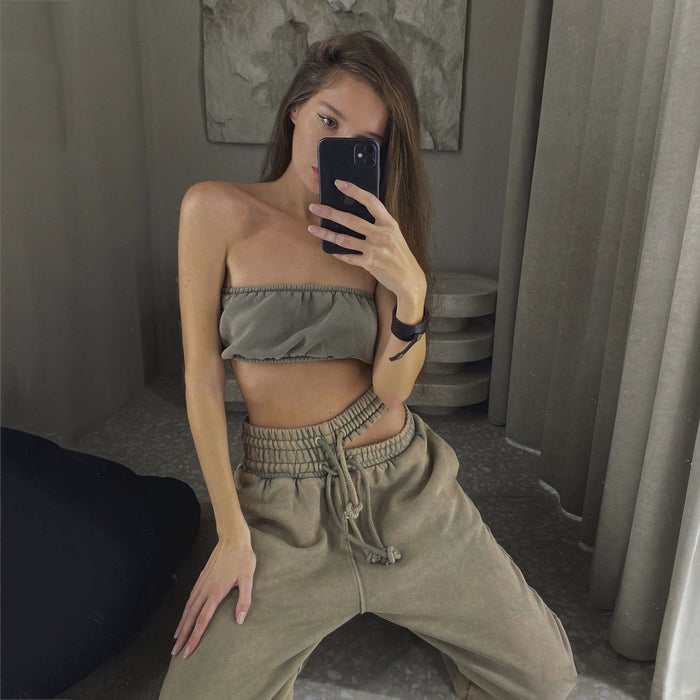 Color-Khaki-Retro Y2g Double Pants Hollow Out Cutout Drawstring Sweatpants Women Loose Casual Trousers Ankle Tied Straight Leg Pants-Fancey Boutique