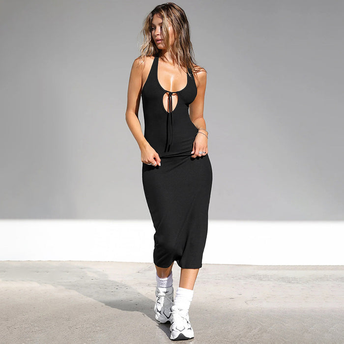 Color-Basic Women Clothing Solid Color Low Neck Hollow Out Cutout out Tied Sports Vest Maxi Dress Summer Street Casual Dress-Fancey Boutique