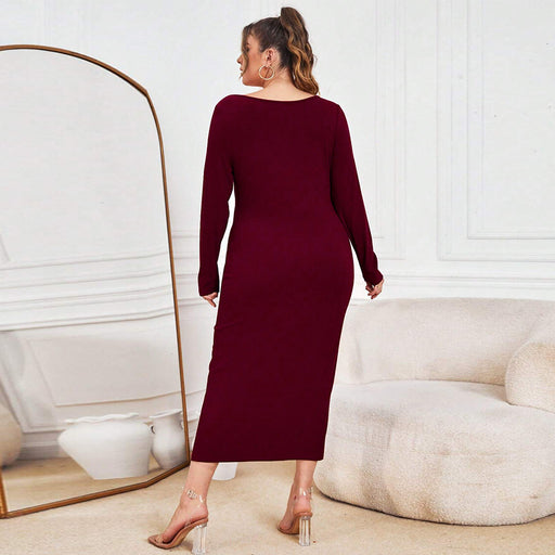 Color-plus Size Women Clothes Autumn Winter Slim Sheath Knitted Dress Sexy V neck Maxi Dress-Fancey Boutique