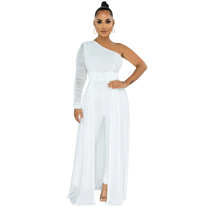 Color-White-Solid Color Sexy Mesh See-through One Shoulder Diagonal Collar Long Sleeve Trousers Jumpsuit Women-Fancey Boutique