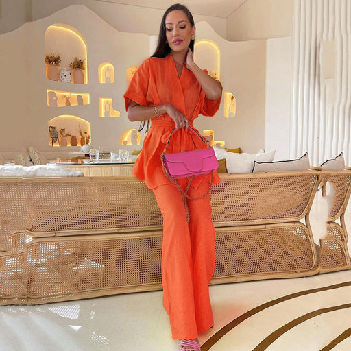 Color-Orange-Summer New Fashion Suit Cotton Linen Short-Sleeved Trousers Two-Piece Belt Design Casual Women Clothing-Fancey Boutique