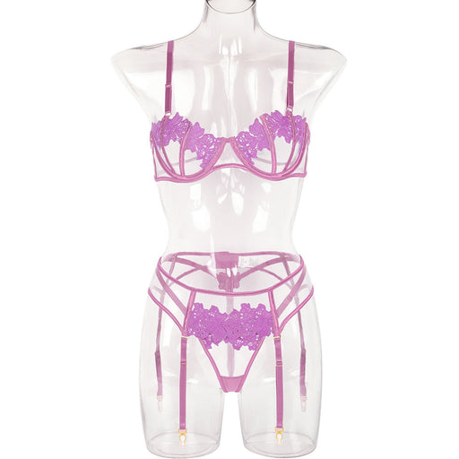 Color-Purple-Sexy Three Piece Set Hollow Out Cutout Sexy Sexy Lingerie Three Piece Set-Fancey Boutique