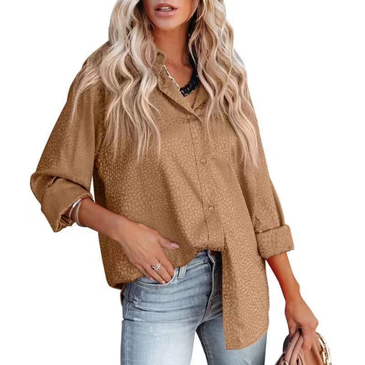 Color-Khaki-Women Shirt Autumn Comfort Satin Gravel Pattern Long Sleeve Loose Women Top-Fancey Boutique