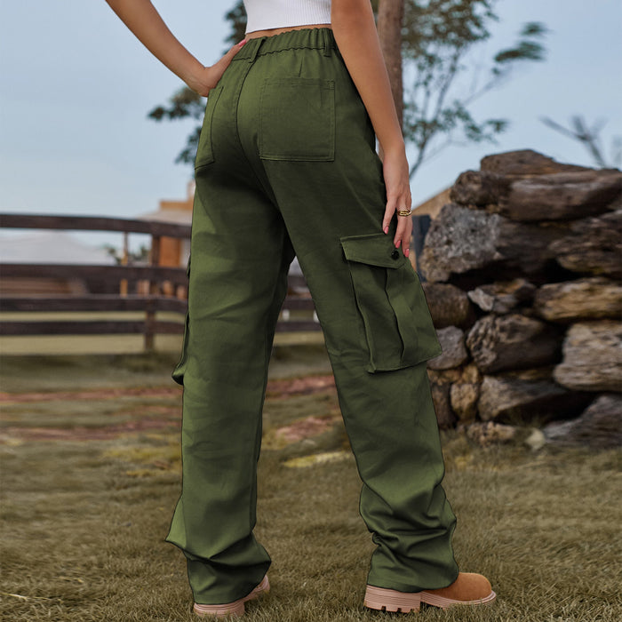 Color-Army Green-Women Retro Elastic Waist Denim Overalls Casual Pants-Fancey Boutique