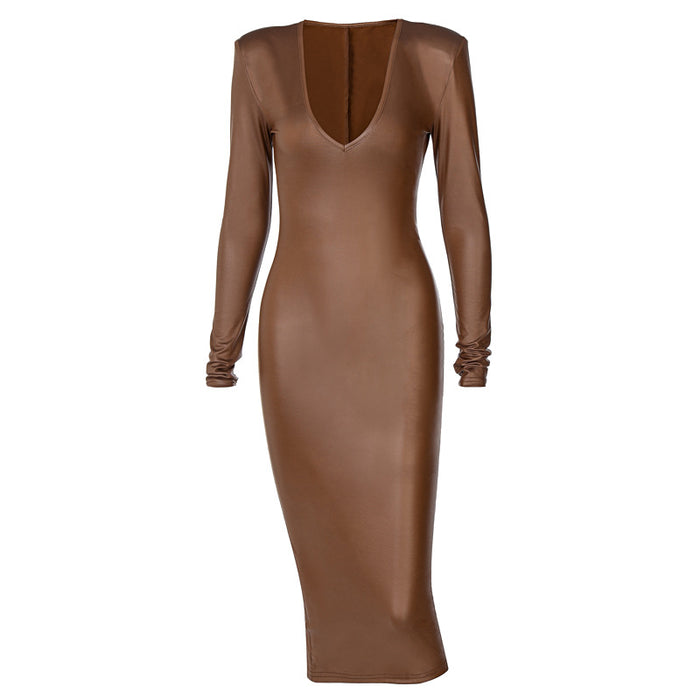 Color-Faux Leather V-neck Long Sleeve Elegant Dress Women-Fancey Boutique