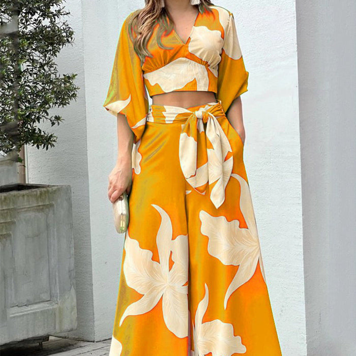 Color-Women Clothing Autumn Winter V neck Lantern Sleeve Short Top High Waist Wide Leg Pants Casual Set-Fancey Boutique