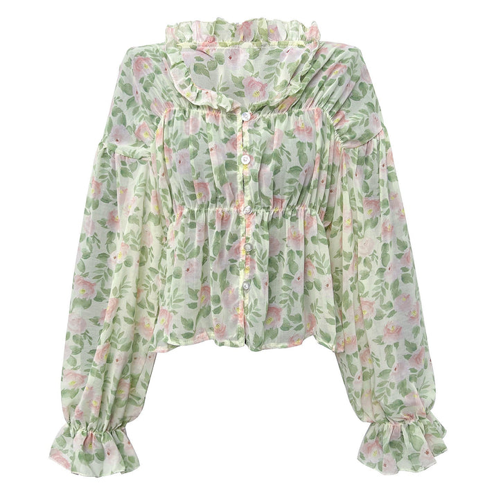 Color-Pale Yellow-Autumn Winter Wooden Ear Printed Chiffon Shirt Bell Sleeve Floral Top-Fancey Boutique