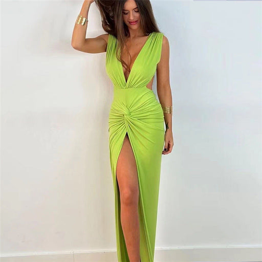 Color-Green-Spring Summer Women Clothing Backless Sexy V neck Slim Fit High Split Dress for Women-Fancey Boutique
