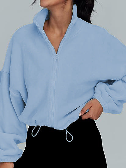 Color-Light Blue-Women Clothing Polar Fleece Sports Jacket Velvet Stand Collar Zipper Jacket-Fancey Boutique