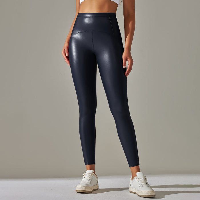 Color-Blue-Faux Leather Pants High Elastic Sexy High Waist Solid Color Bright Black Tight Trousers Running Fitness Yoga Pants-Fancey Boutique